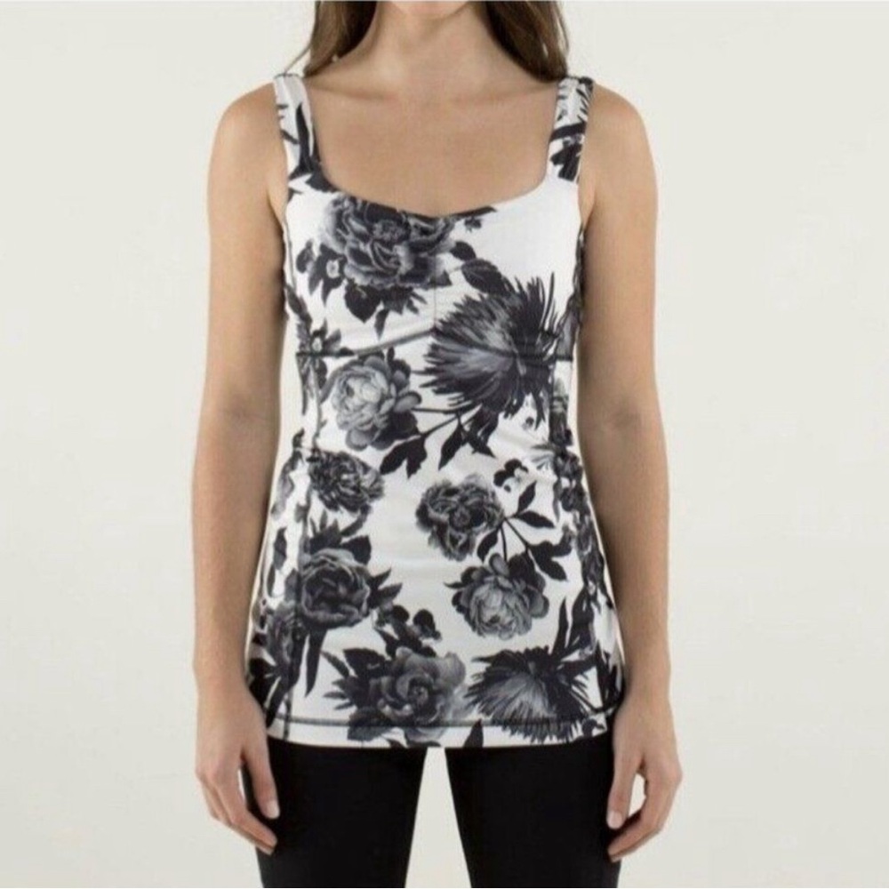 Lululemon Black and White Aria II Brisk Bloom Floral Print Tank